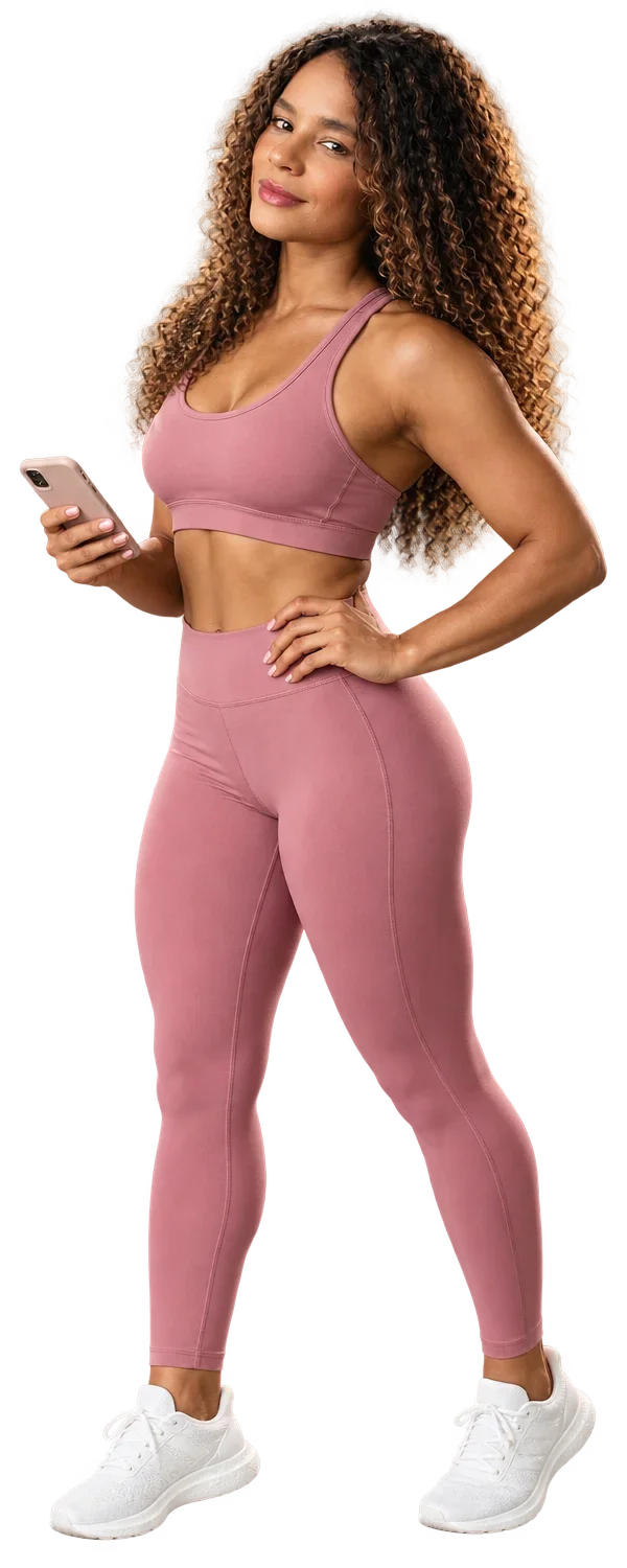 Flávia Silva, a Flavinha, de roupa de treino rosa, segurando o celular