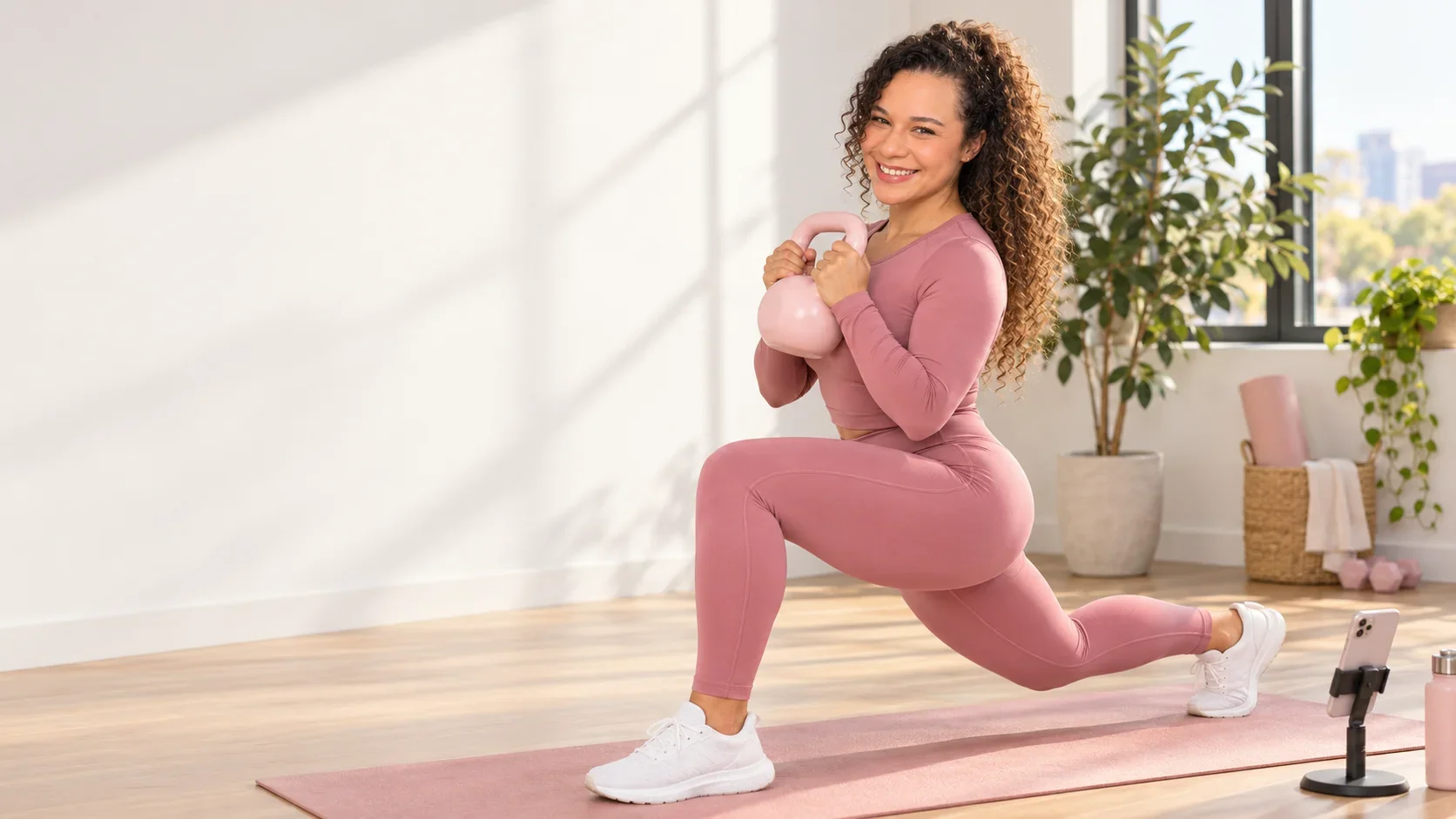 Flávia fazendo avanço com kettlebell rosa num estúdio em casa, com o celular num suporte no chão